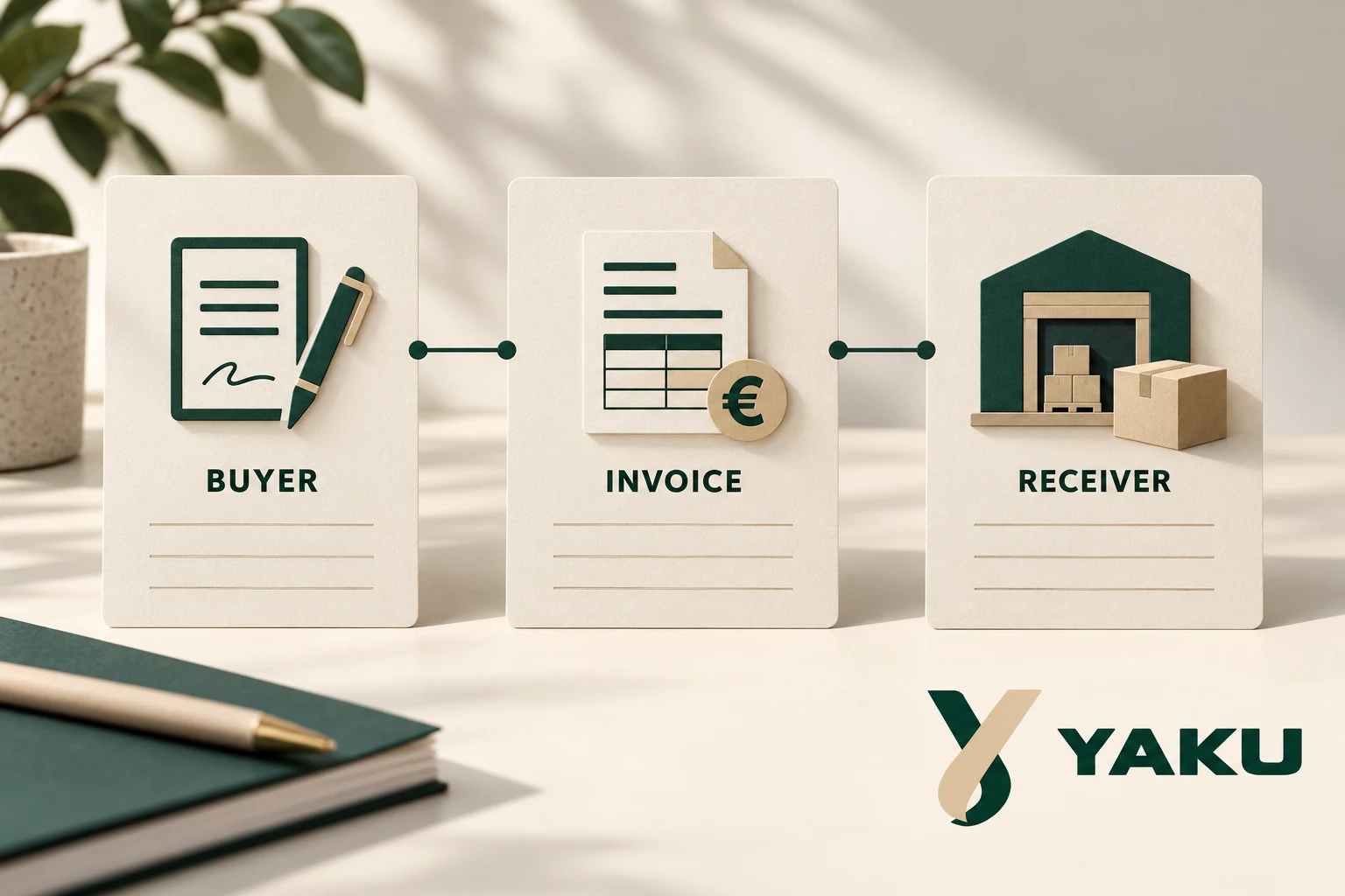 Editorial illustration of separate buyer, invoice and receiver cards, with an order, an invoice and a receiving dock, and a YAKU logo.