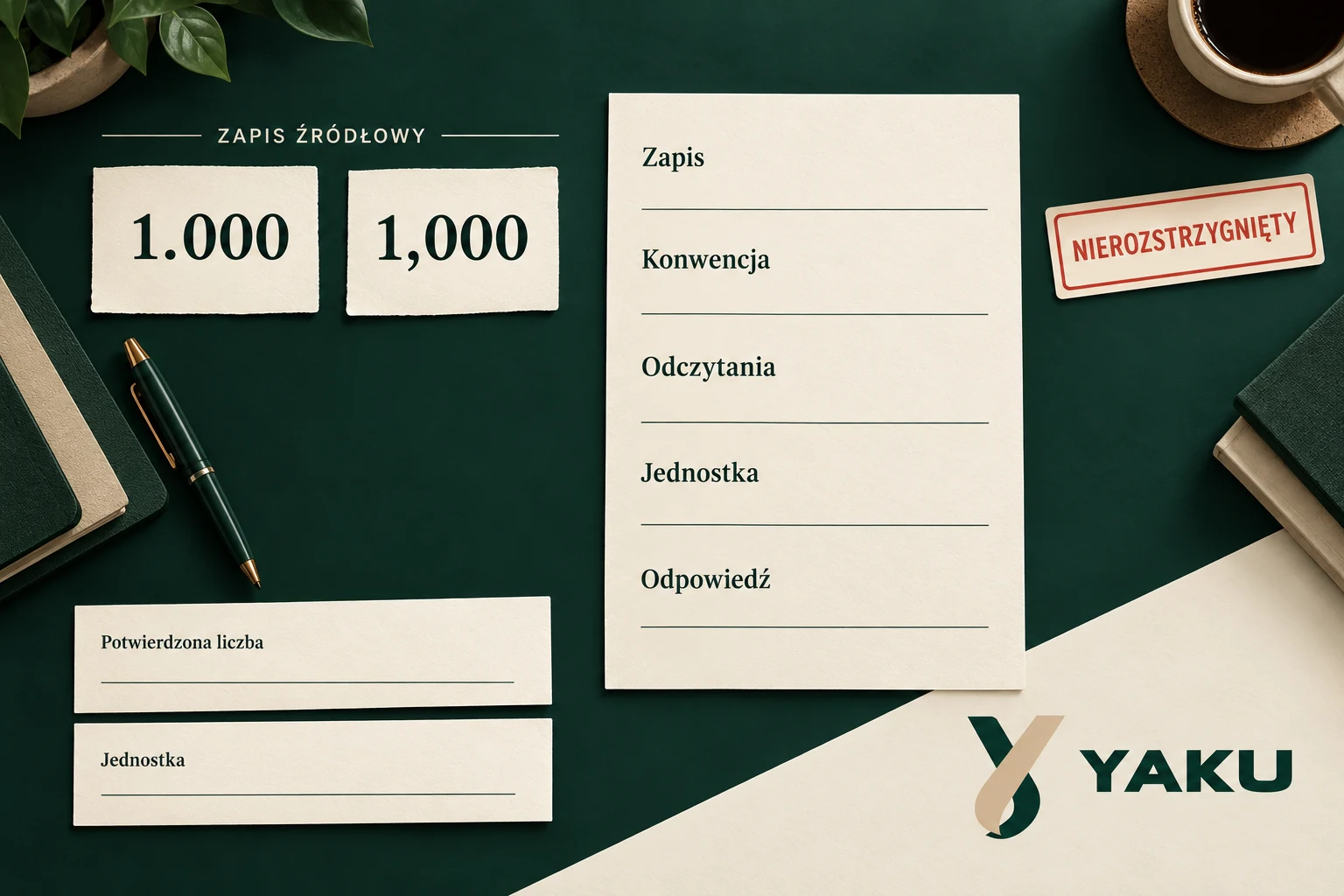 Dwa oryginalne zapisy 1.000 i 1,000 obok pięciu pól oraz osobnych pustych pól potwierdzonej liczby i jednostki.